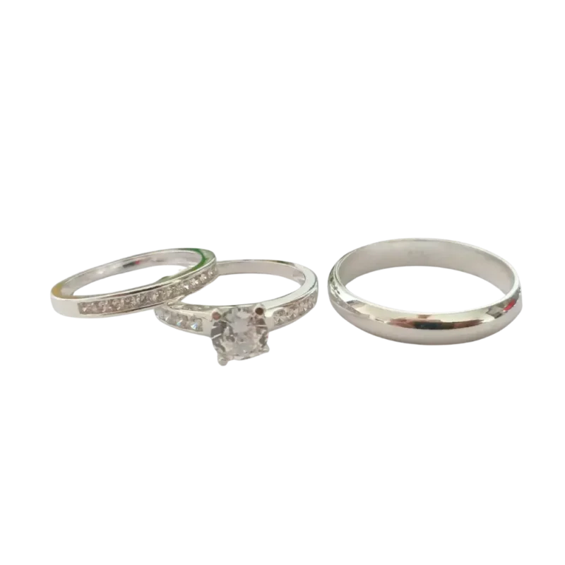 Dúo de anillos de matrimonio con circonia en plata italiana 925 – Estilo clásico