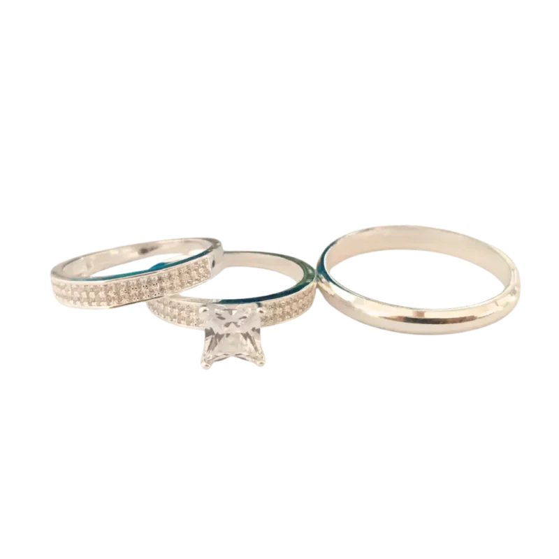 Dúo de anillos de matrimonio con circonia en plata italiana 925 – Estilo moderno