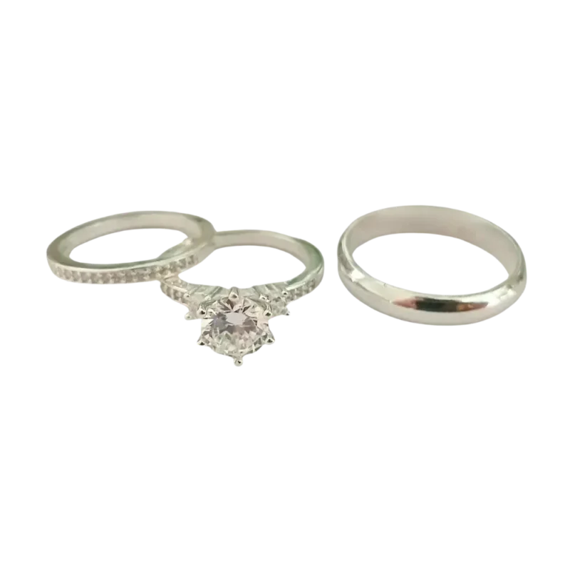 Trío de anillos de compromiso con circonia en plata 925 – Estilo lujo