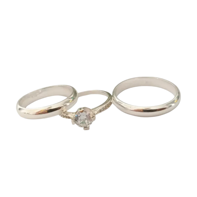 Trío de anillos de compromiso con circonia en plata italiana 925 Diseño elegante (1)