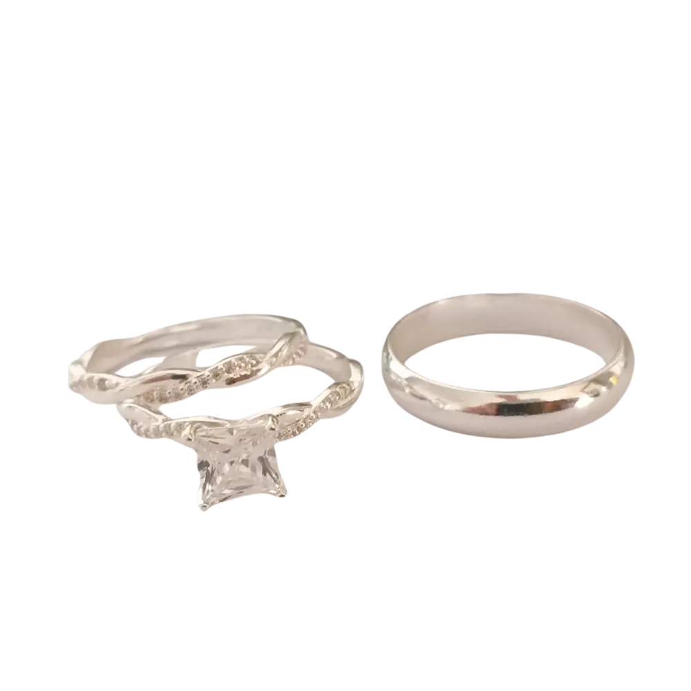 Trío de anillos de matrimonio con circonia en plata 925 – Acabado brillante Trío de anillos de matrimonio con circonia en plata 925 – Acabado brillante