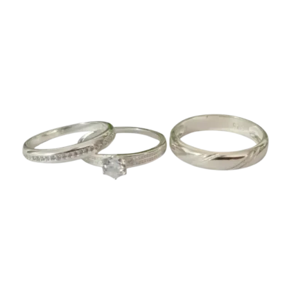 Trío de anillos de matrimonio con circonia en plata 925 – Estilo elegante