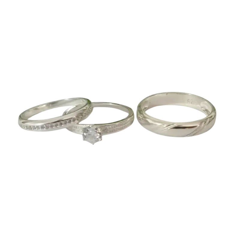 Trío de anillos de matrimonio con circonia en plata 925 – Estilo elegante