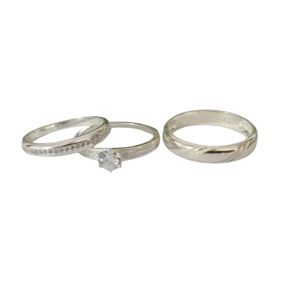 Trío de anillos de matrimonio con circonia en plata 925 – Estilo elegante Trío de anillos de matrimonio con circonia en plata 925 – Estilo elegante