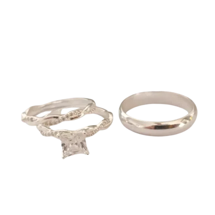 Trío de anillos de matrimonio con circonia en plata 925 – Acabado brillante