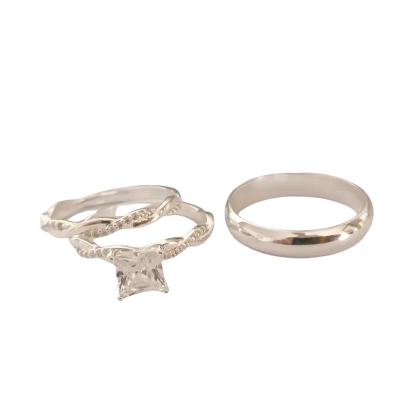 Trío de anillos de matrimonio con circonia en plata 925 – Acabado brillante