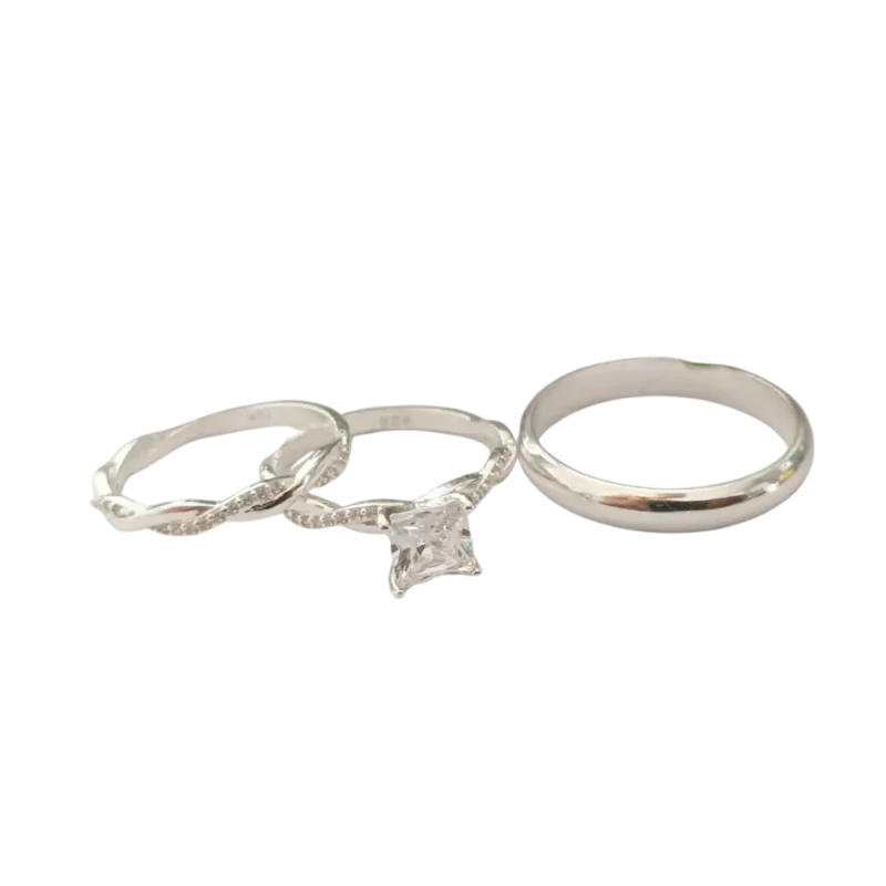Trío de anillos de matrimonio con circonia en plata italiana 925 – Diseño clásico