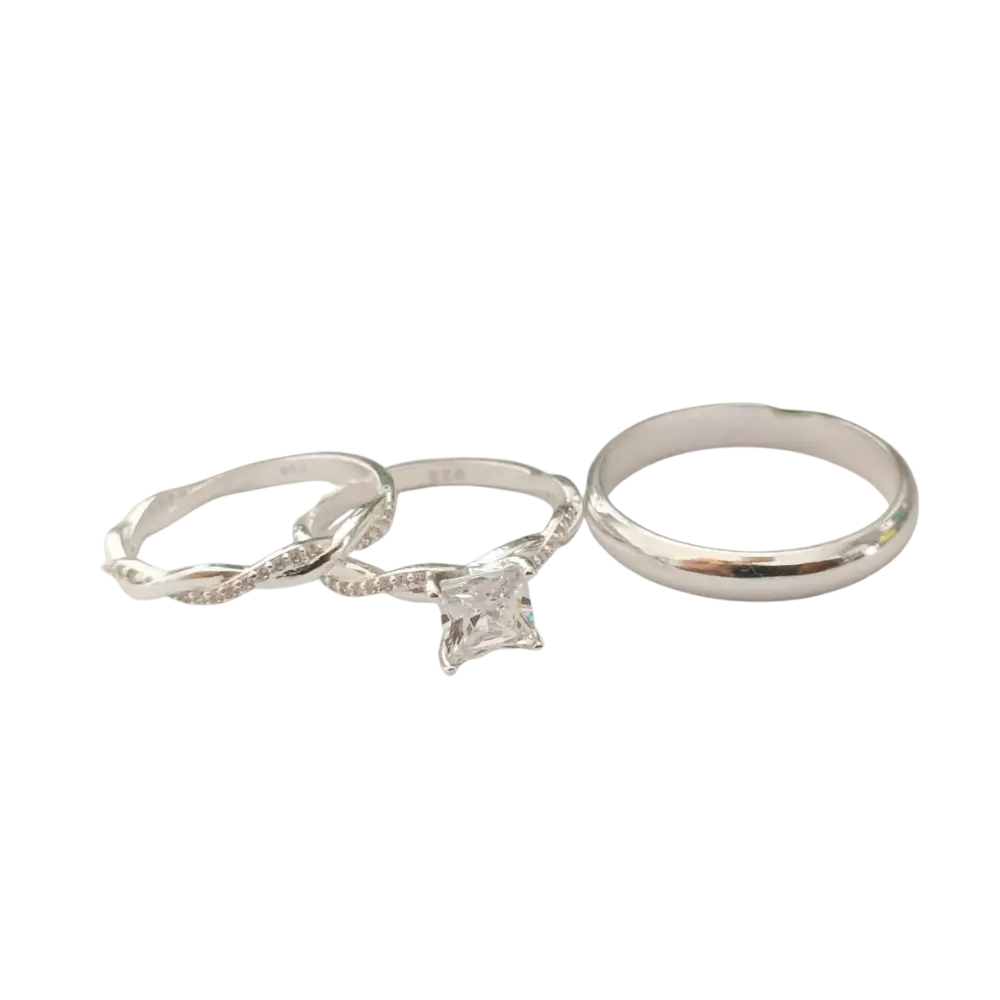 Trío de anillos de matrimonio con circonia en plata italiana 925 – Diseño clásico Trío de anillos de matrimonio con circonia en plata italiana 925 – Diseño clásico