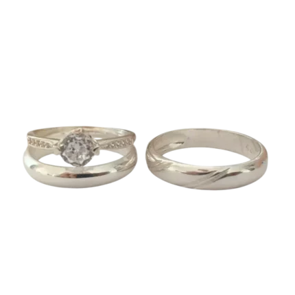 Trío de anillos de matrimonio en plata italiana 925 con circonia – Estilo moderno