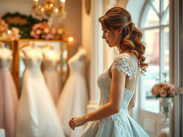 Novia probándose un vestido colorido en una boutique.