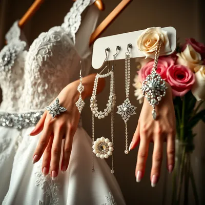 Accesorios de novia junto a un vestido colorido.