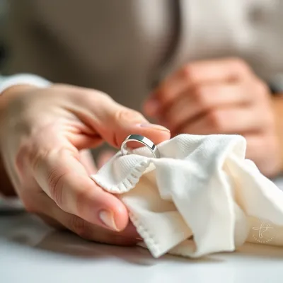 Persona limpiando un anillo de plata con un paño suave