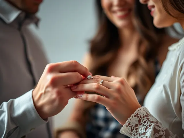 Pareja discutiendo opciones de anillo de matrimonio en plata