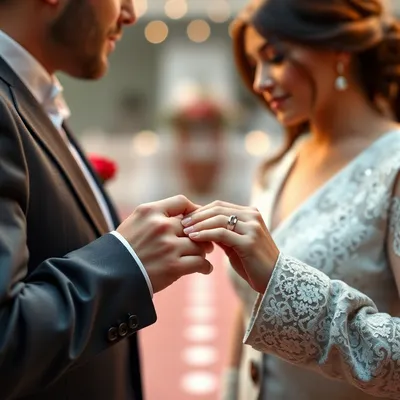 Pareja intercambiando anillos de plata en un ambiente romántico