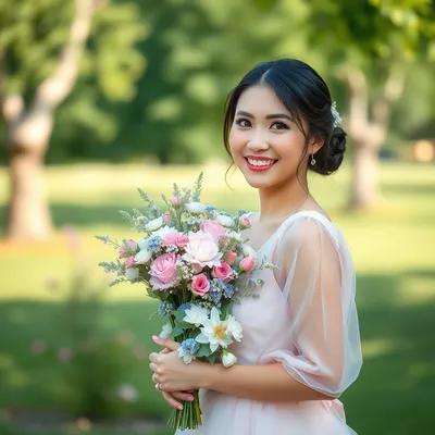 Novia en vestido pastel sonriendo en un entorno sereno