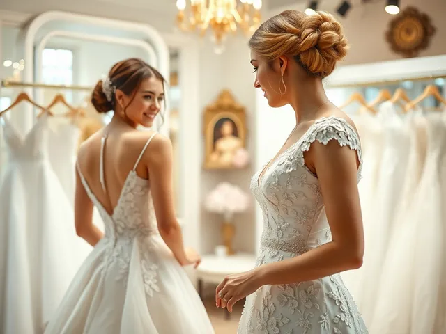 Novia moderna probándose un elegante vestido de novia blanco en una boutique.