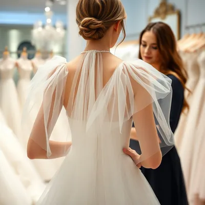 Novia probándose un vestido de boda de tulle en una boutique.
