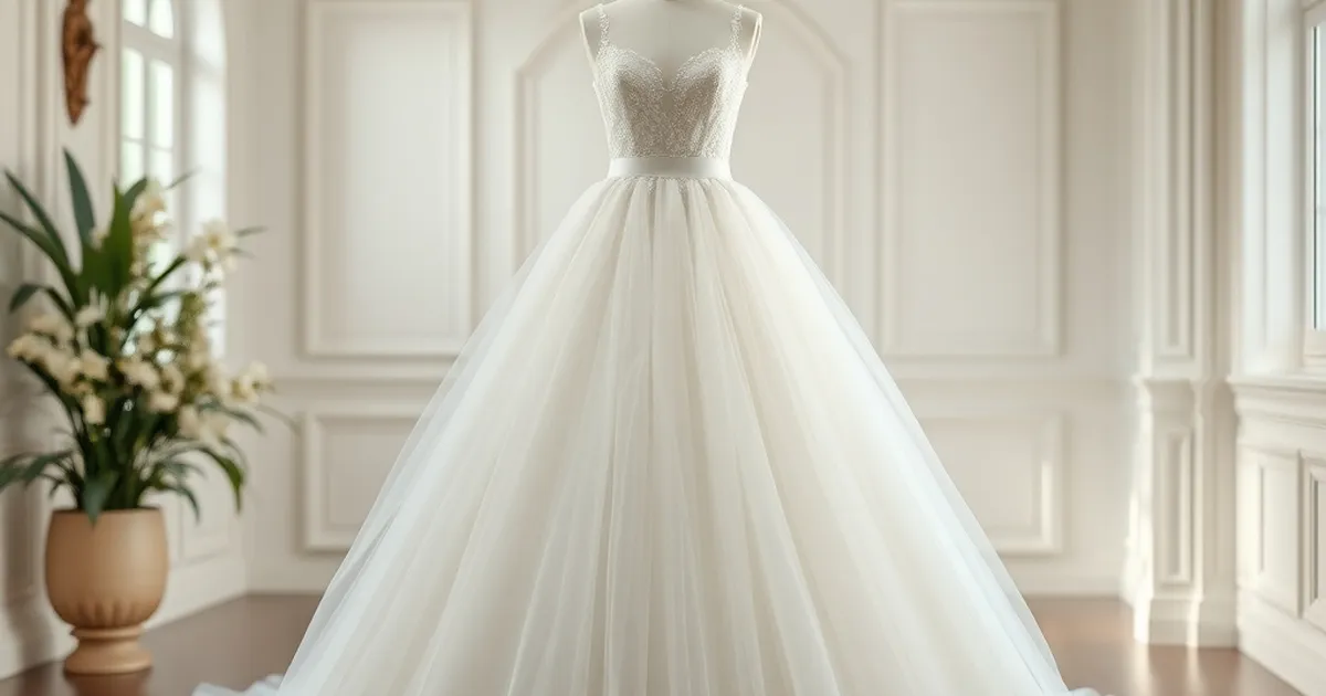 Vestido de boda de tulle en un entorno elegante y sereno.