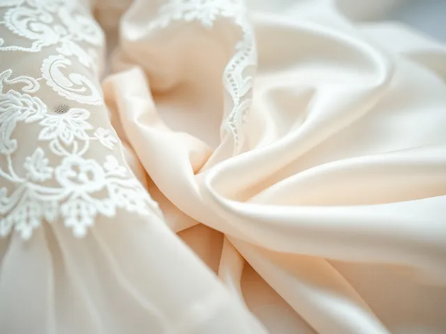 Muestras de tela para vestidos de boda, incluyendo encaje y seda.