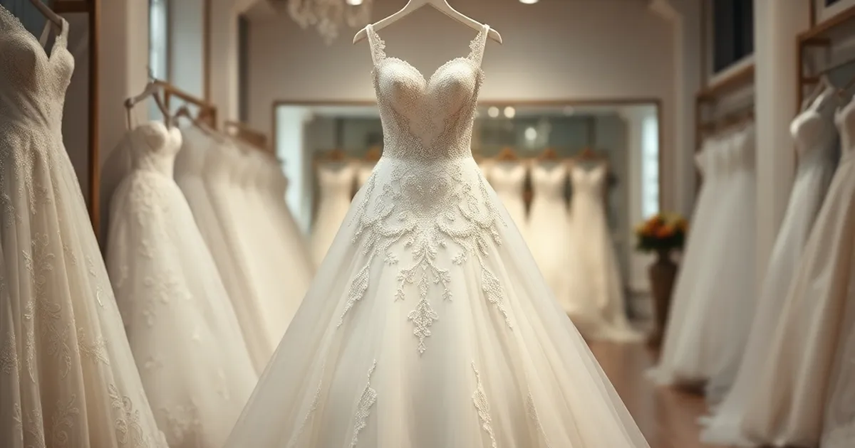 Vestido de boda elegante exhibido en una tienda de novias