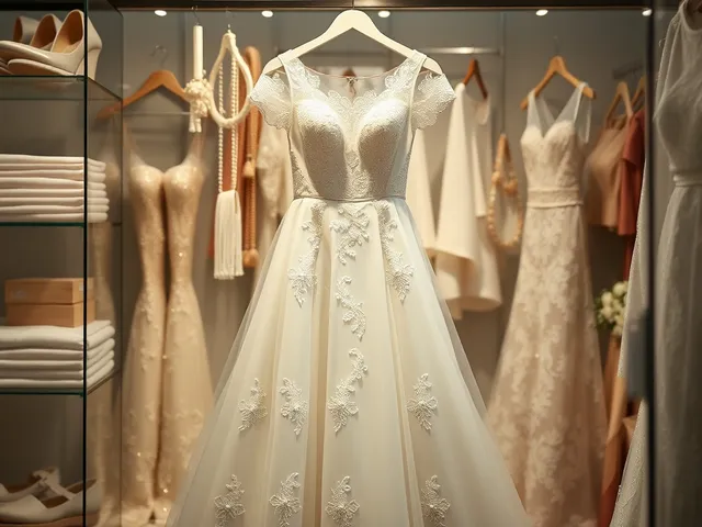 Vestido de boda exhibido elegantemente con accesorios
