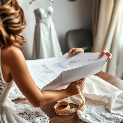 Novia revisando bocetos de vestido a medida con muestras de tela.
