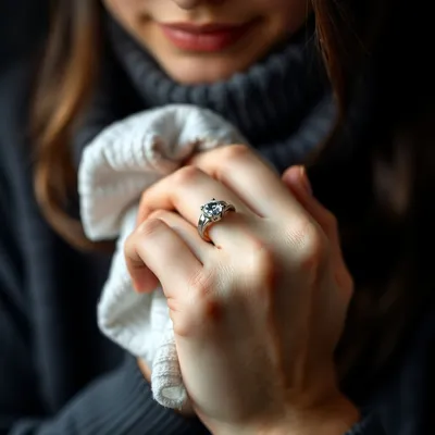 Mujer limpiando un anillo de plata