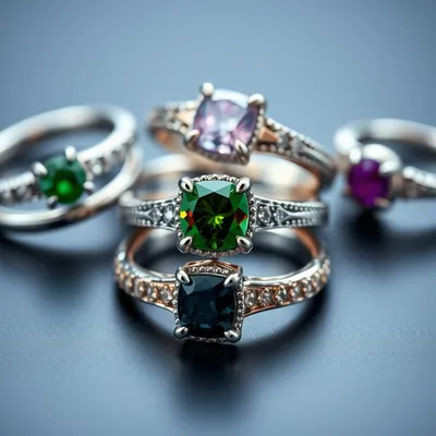 Variedad de anillos de plata con diferentes piedras preciosas en una presentación elegante.