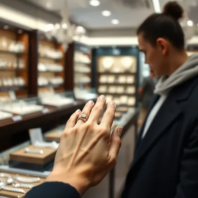 Persona eligiendo un anillo de compromiso en una joyería.