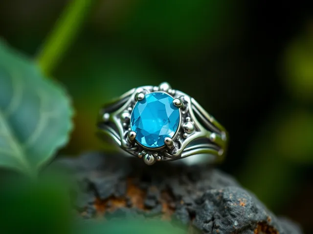 Anillo de plata con piedra preciosa turquesa sobre una superficie natural.