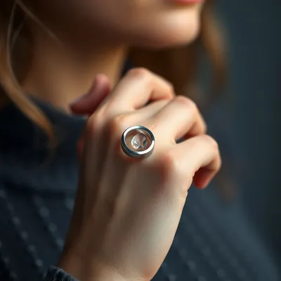 Primer plano de un anillo de plata en la mano de una mujer