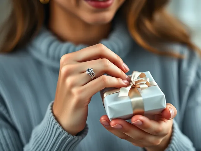 Mujer usando anillo de plata personalizado mientras sostiene una caja de regalo.