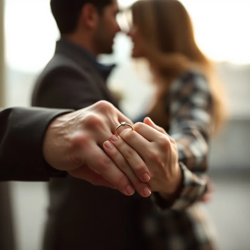 Pareja mostrando un anillo de promesa en un entorno romántico.