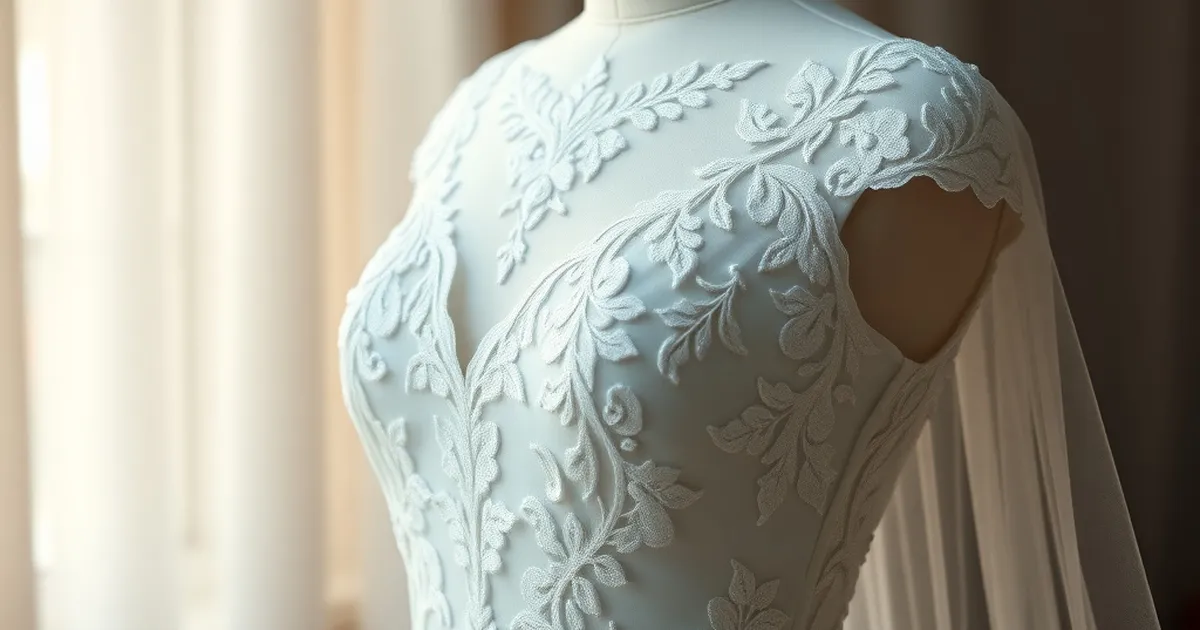 Vestido de boda en maniquí con detalles de encaje