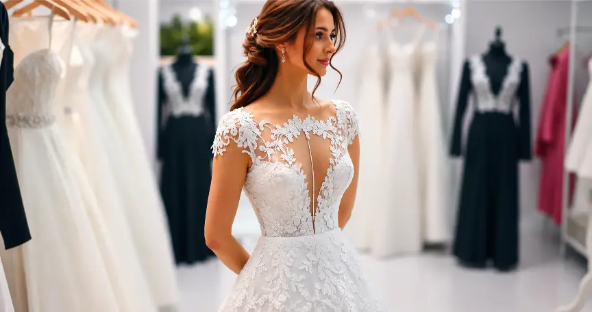 Novia probándose vestidos de boda en una boutique elegante.